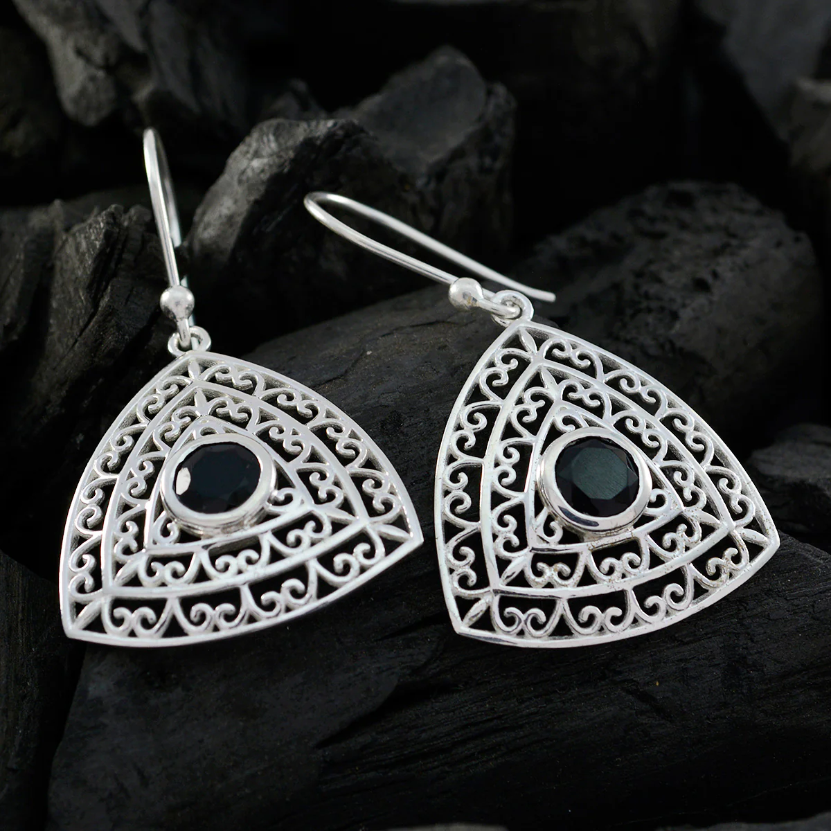 Black Onyx African Penelope Solitaire Dangle Black Sterling Silver Earring - Image 2