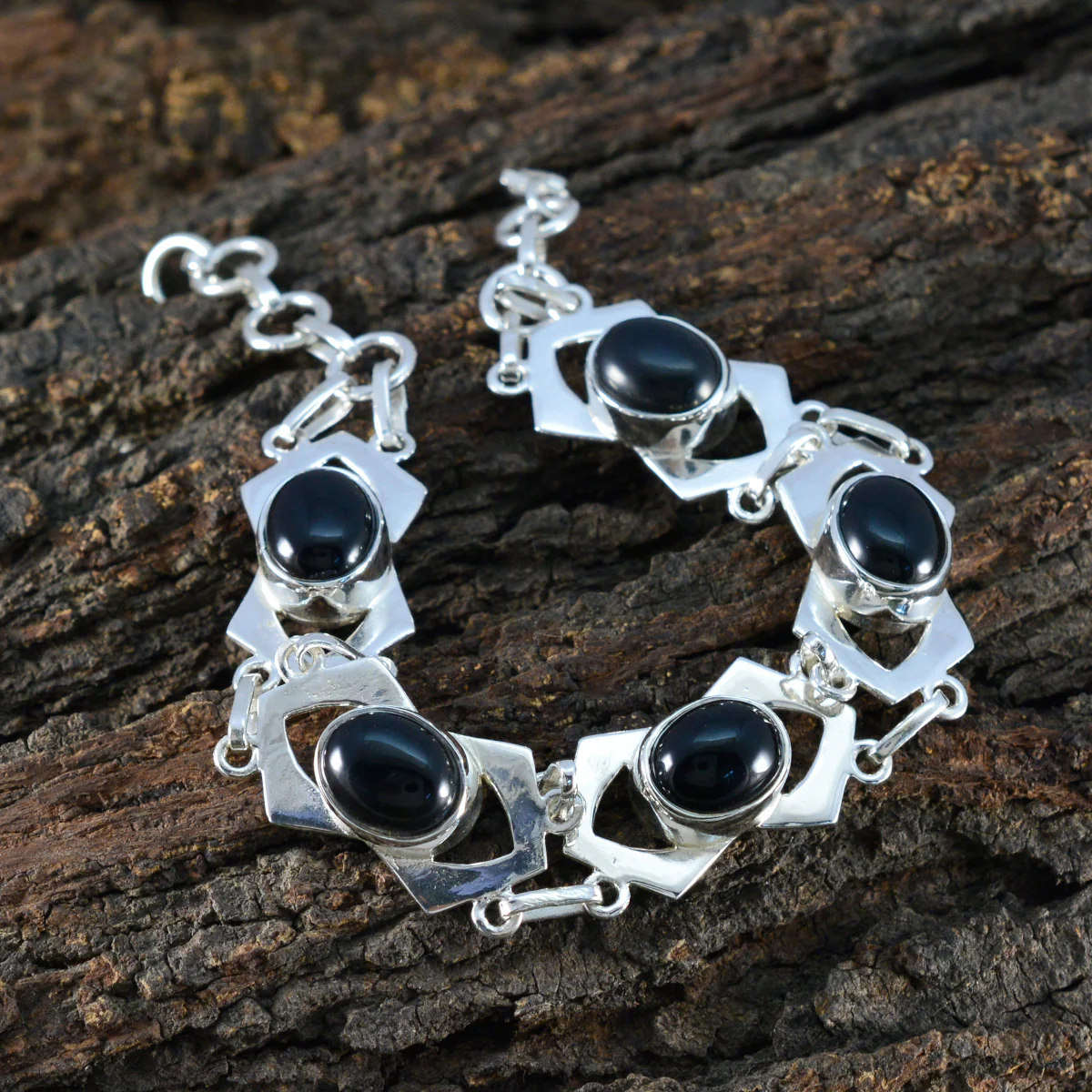Black Onyx Chocolate Cake Day Minimal Black Sterling Silver Links Bracelet - Image 4