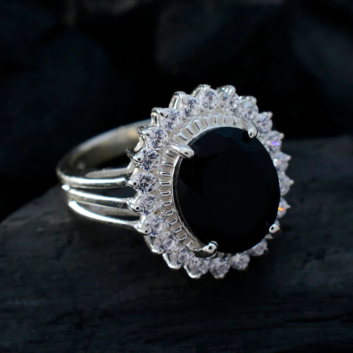 Black Onyx Halo Egyptian Sterling Silver Black Gems Classic Signet Ring Jewellery - Image 4