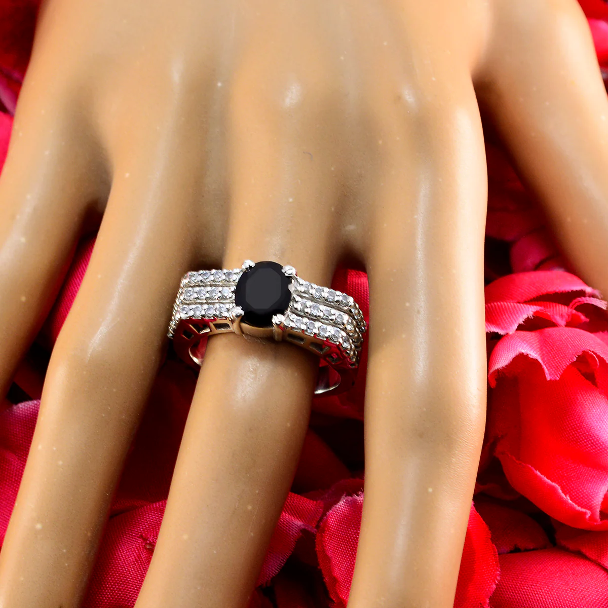 Black Onyx Halo Moroccan Sterling Silver Black Gems Eye-catching Trendy Ring Jewellery - Image 2