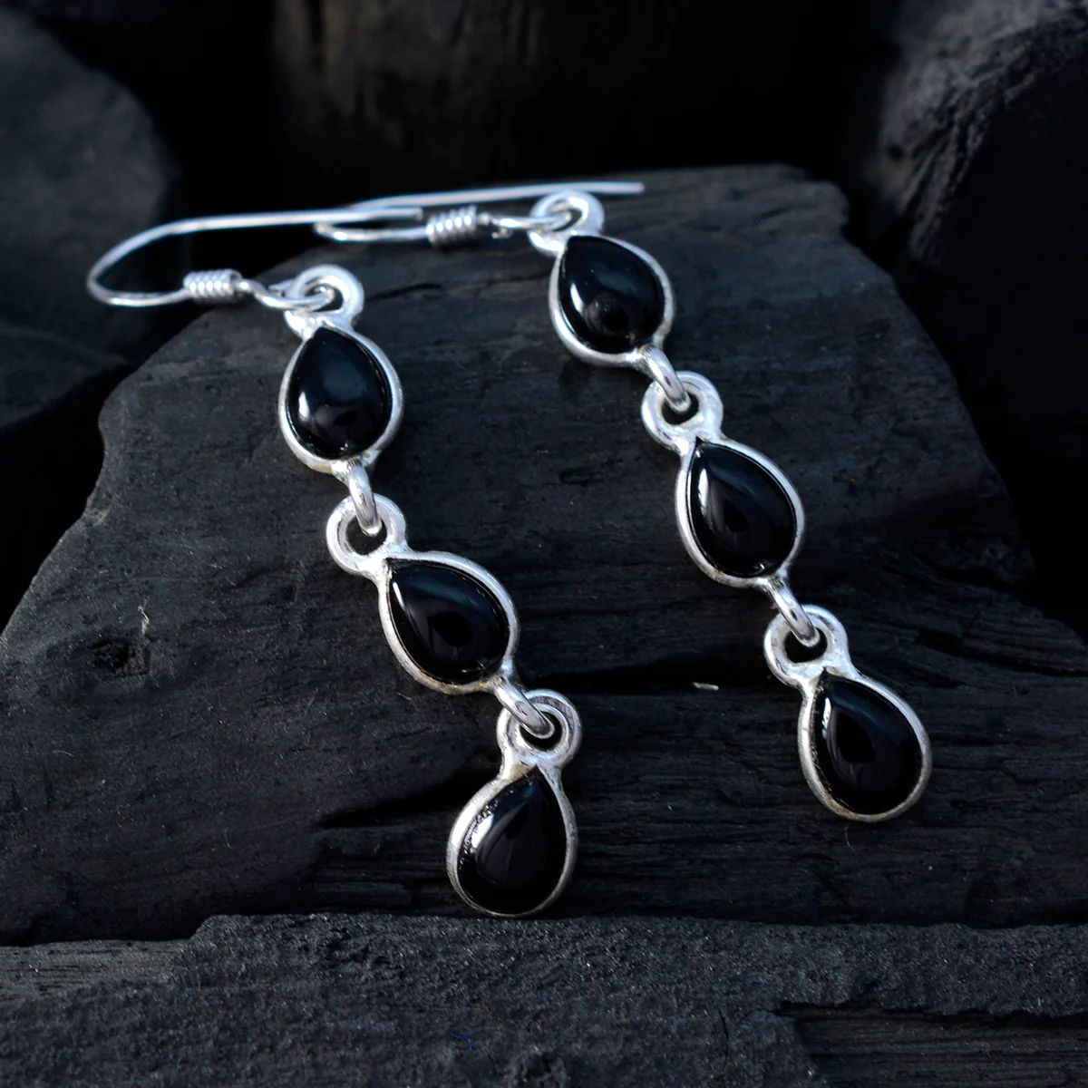 Black Onyx Korean Victoria multiple Dangle Black 925 Silver Earring - Image 4