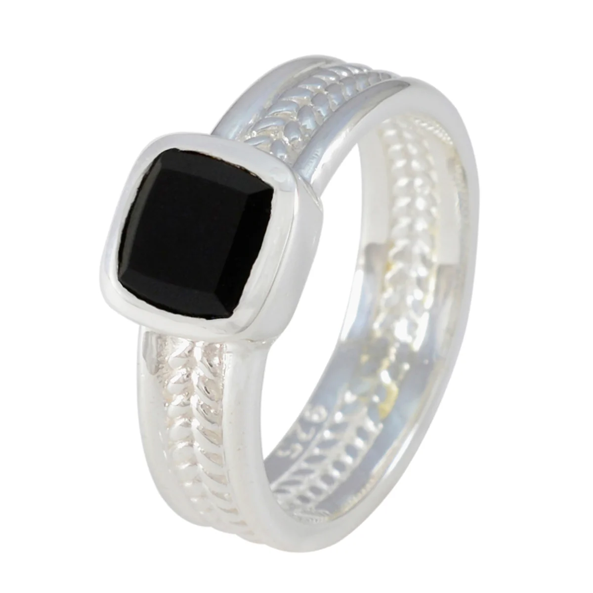 Black Onyx Solitaire Australian Sterling Silver Black Gemstones Mid-weight Rope-Wire Band Jewelry - Image 2