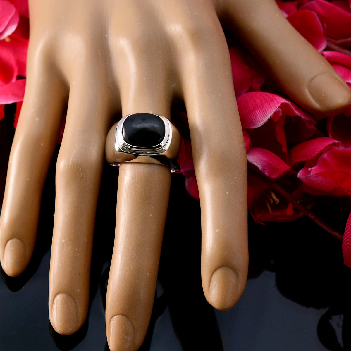 Black Onyx Solitaire German 925 Sterling Silver Black Gemstones Eye-catching Abstract Ring Jewelry - Image 5