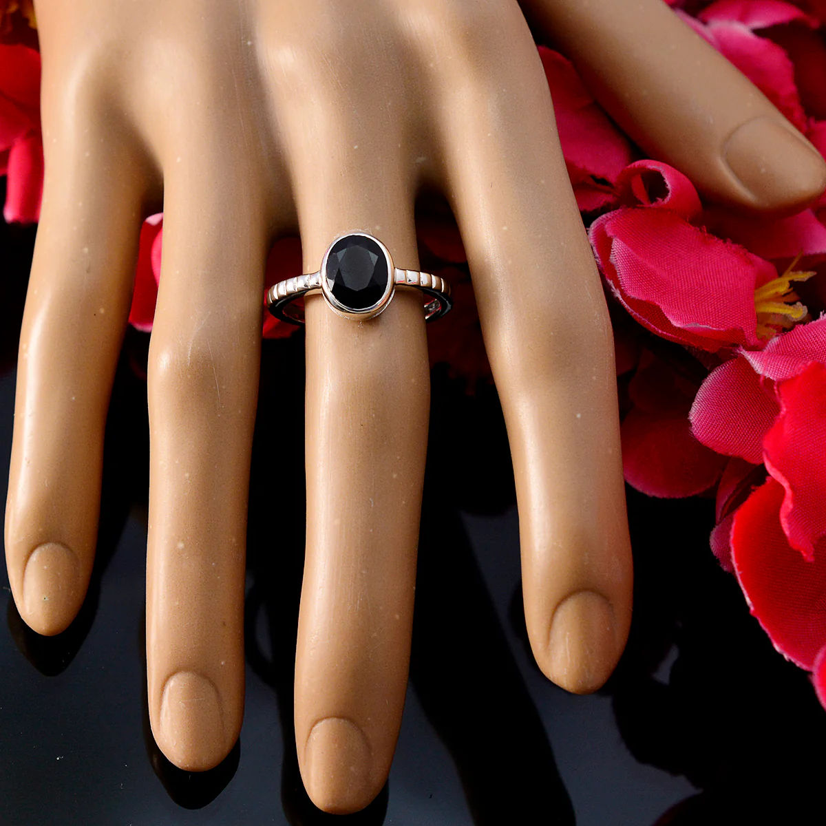 Black Onyx Solitaire Korean 925 Sterling Silver Black Gems Dainty Abstract Ring Jewellery - Image 5