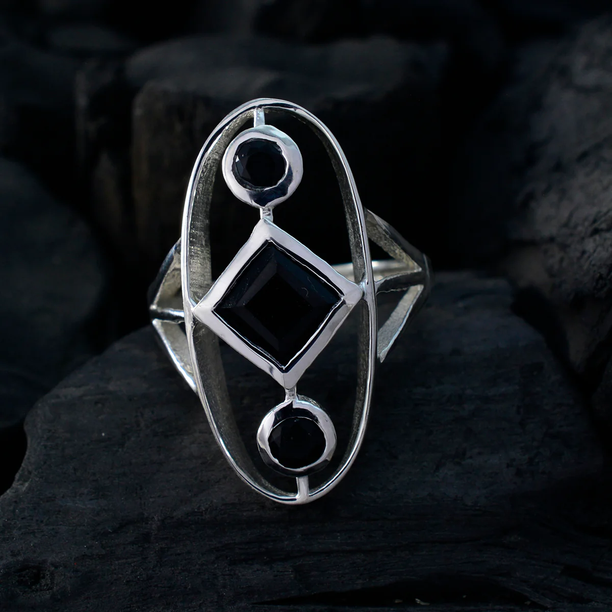 Black Onyx Trilogy French 925 Silver Black Gemstone Slim Feminine Ring Jewelry - Image 4