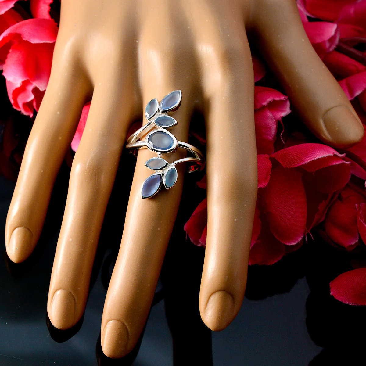 Blue Chalcedony Hepta African 925 Silver Blue Gemstones Classic Leafy Ring Jewelry - Image 5