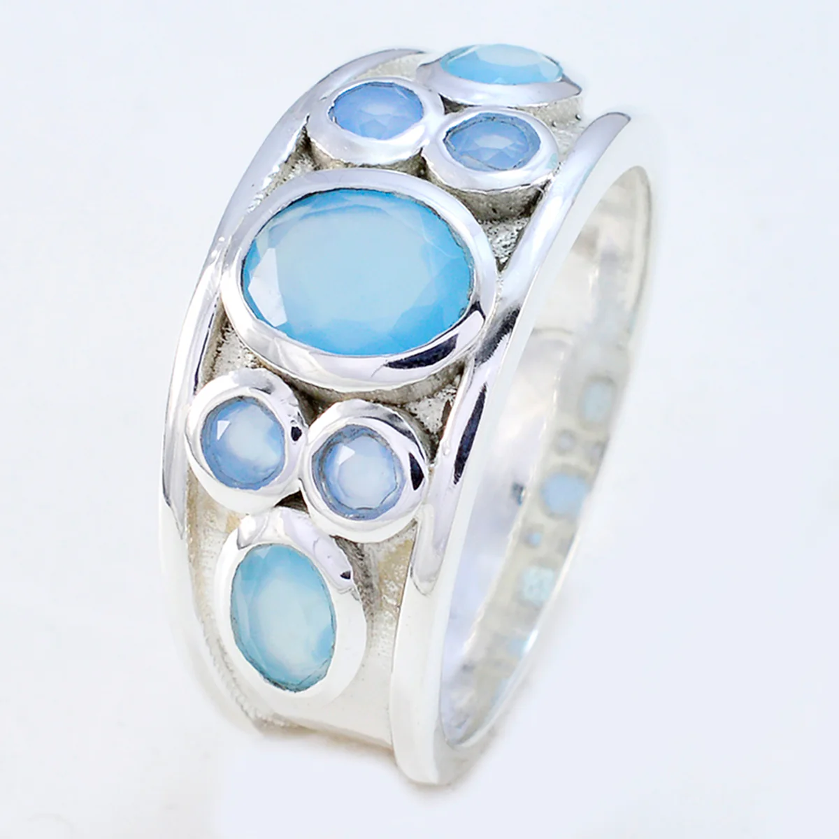 Blue Chalcedony Hepta French Silver Blue Gems Mid-weight Trendy Ring Jewelry - Image 2