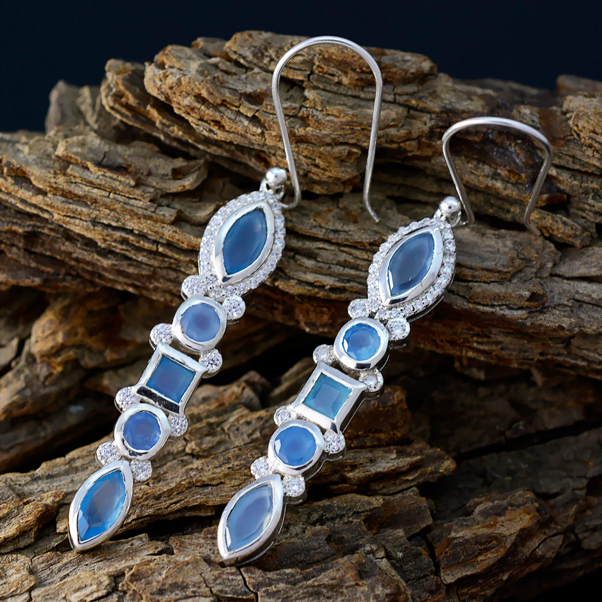 Blue Chalcedony Russian Sara multiple Dangle Blue 925 Silver Earring - Image 3