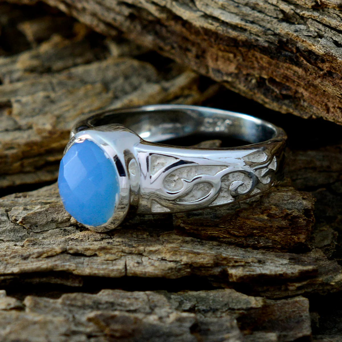 Blue Chalcedony Solitaire Australian 92.5 Silver Blue Gems Slim Rope-Wire Ring Jewellery - Image 3