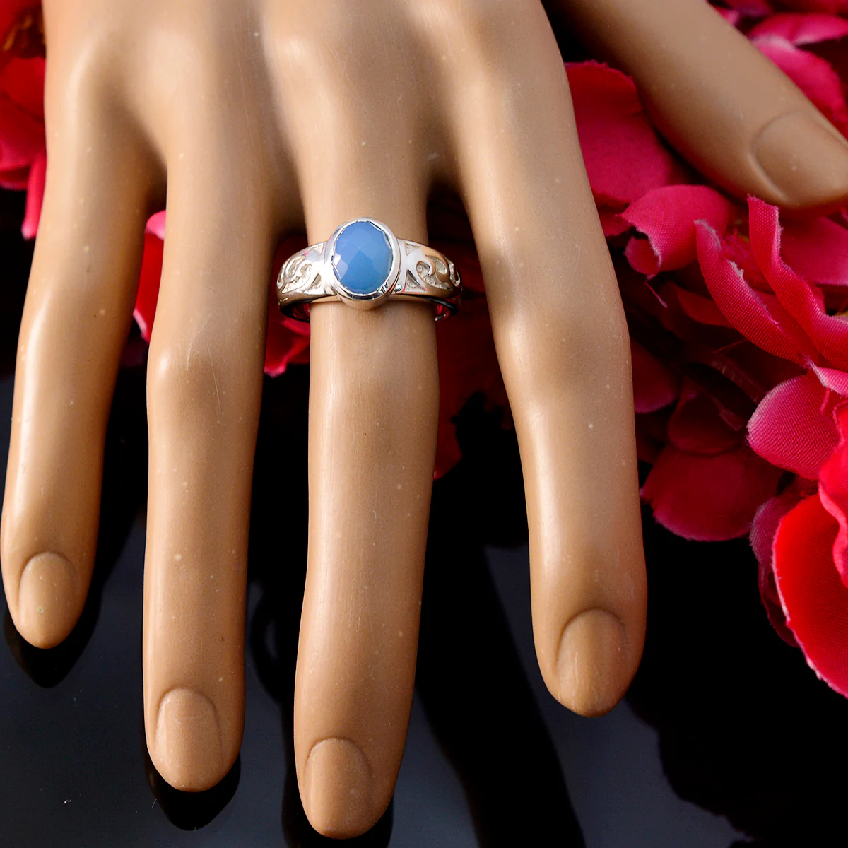 Blue Chalcedony Solitaire Australian 92.5 Silver Blue Gems Slim Rope-Wire Ring Jewellery - Image 5