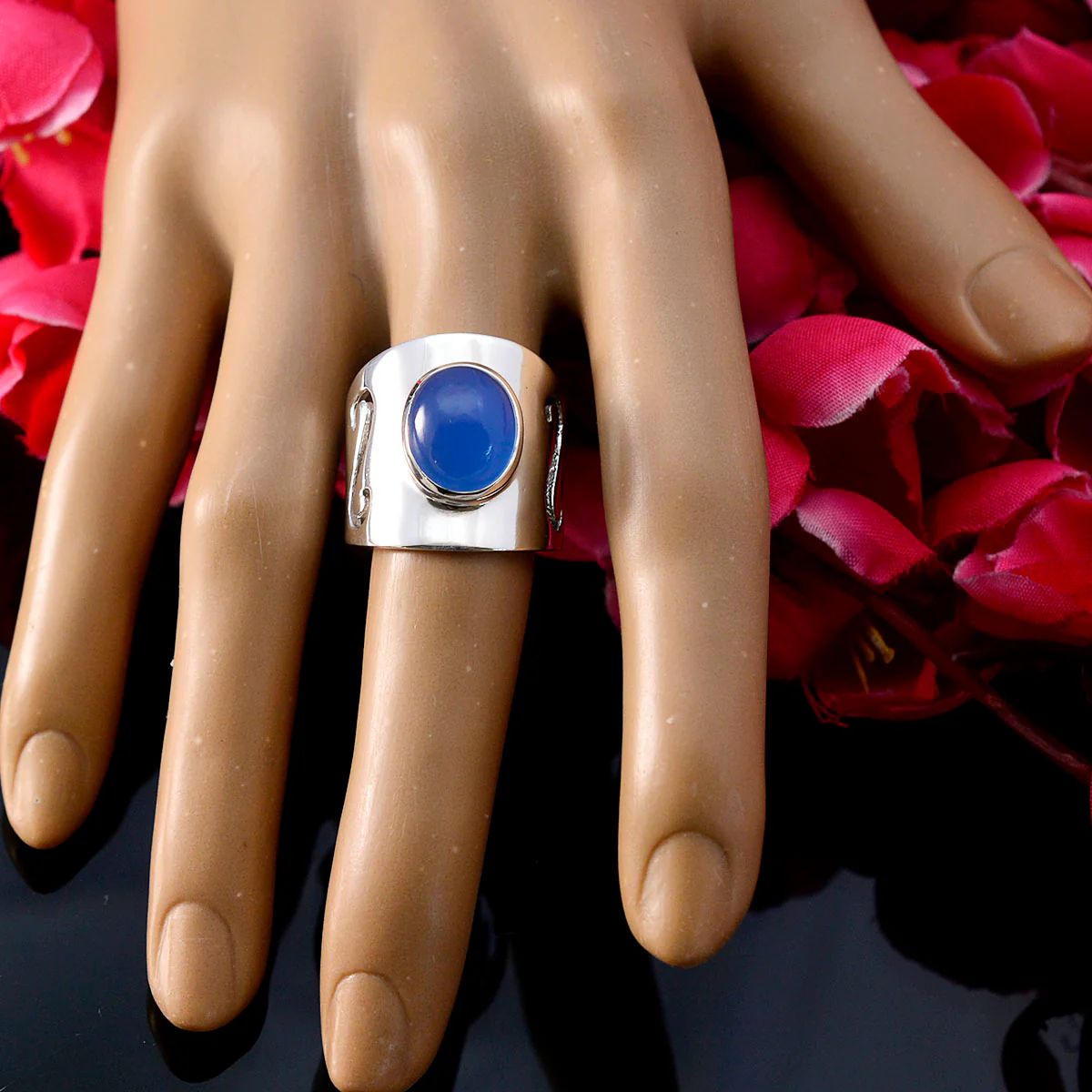 Blue Chalcedony Solitaire French 92.5 Silver Blue Gemstone Statement Filigree Ring Jewellery - Image 5