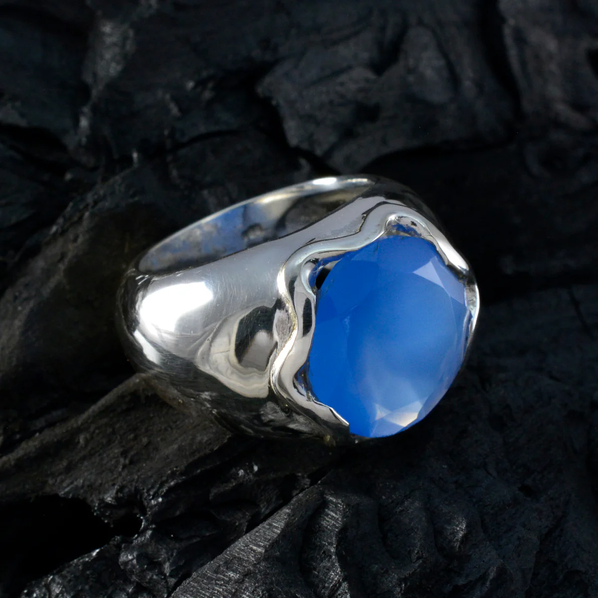 Blue Chalcedony Solitaire French 925 Silver Blue Gemstone Chunky Romantic Ring Jewelry - Image 4