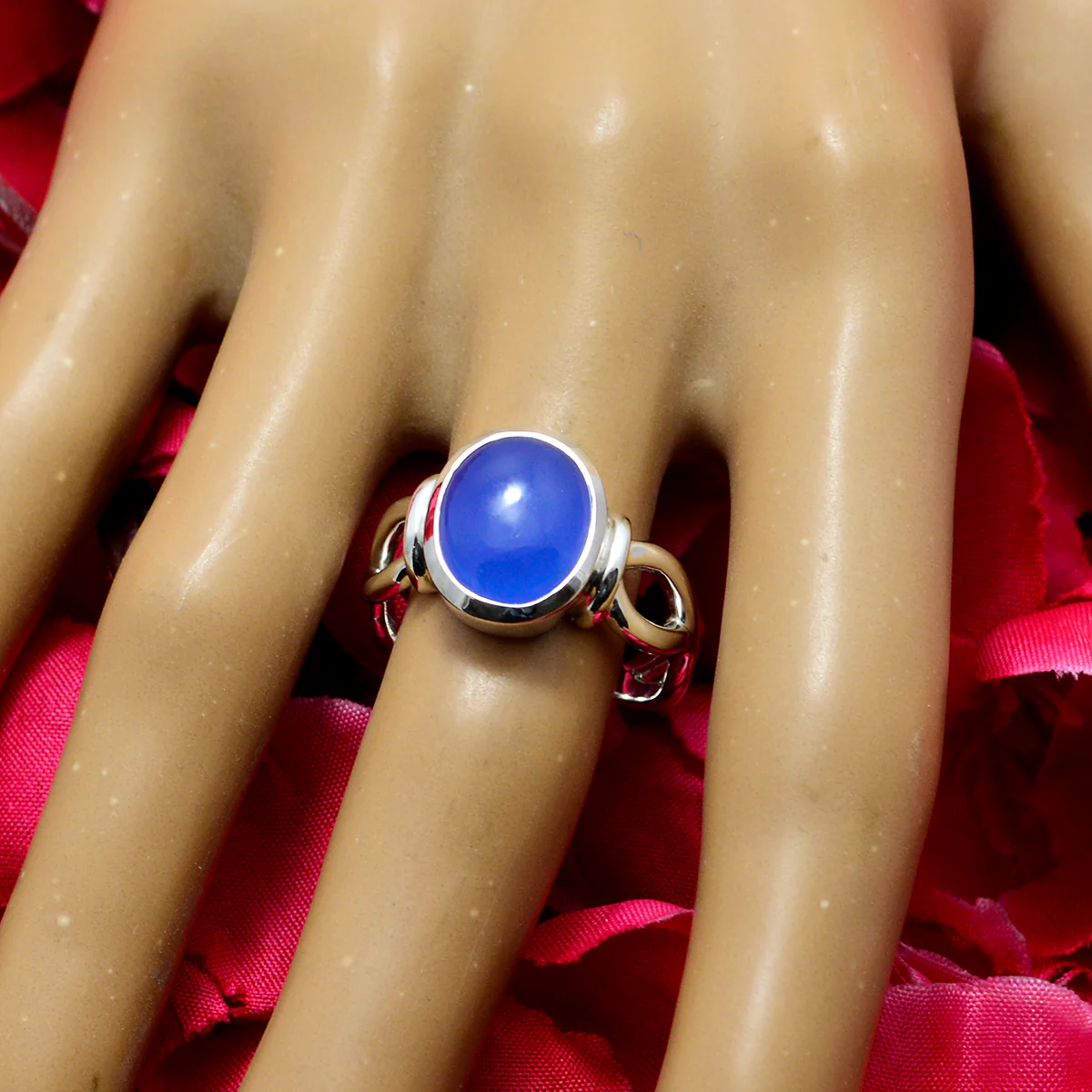 Blue Chalcedony Solitaire French 925 Sterling Silver Blue Gems Mid-weight Graceful Ring Jewelry - Image 5