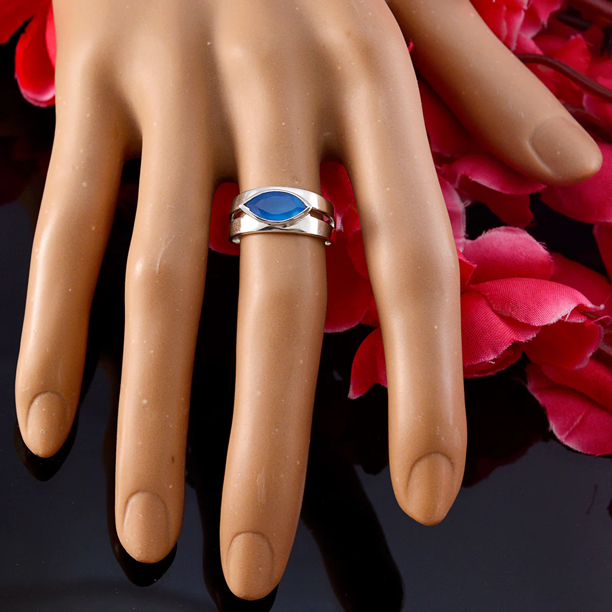 Blue Chalcedony Solitaire German 925 Silver Blue Gems Slim Trendy Ring Jewellery - Image 6