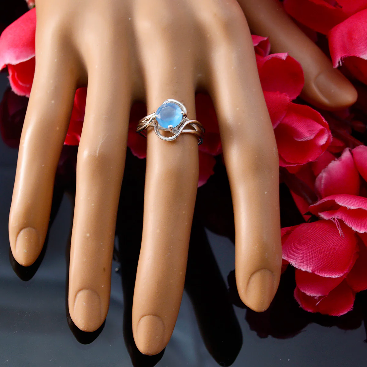 Blue Chalcedony Solitaire Japanese 925 Silver Blue Gemstones Delicate Romantic Ring Jewelry - Image 5