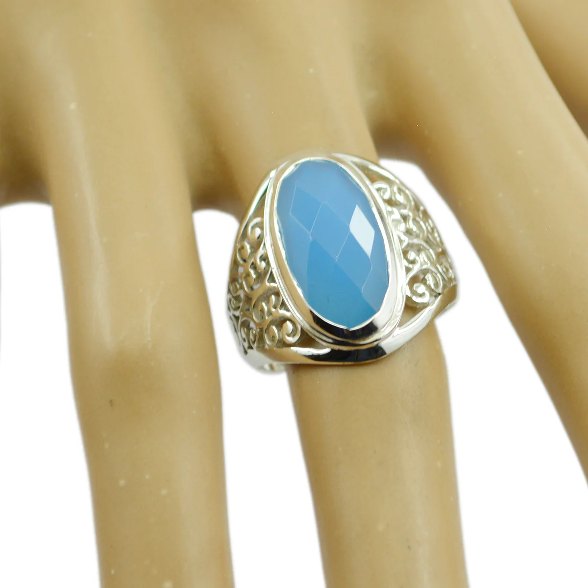 Blue Chalcedony Solitaire Latin American Sterling Silver Blue Gemstones Mid-weight Filigree Ring Jewelry - Image 2