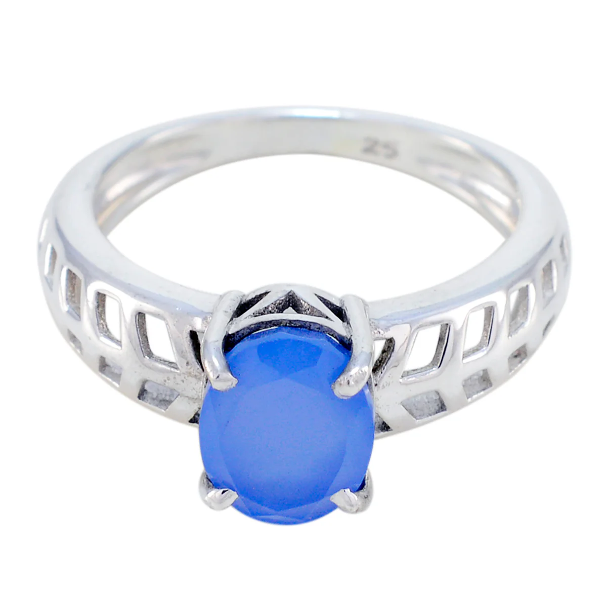 Blue Chalcedony Solitaire Turkish 92.5 Silver Blue Gemstone Whisper-thin Contemporary Ring Jewellery
