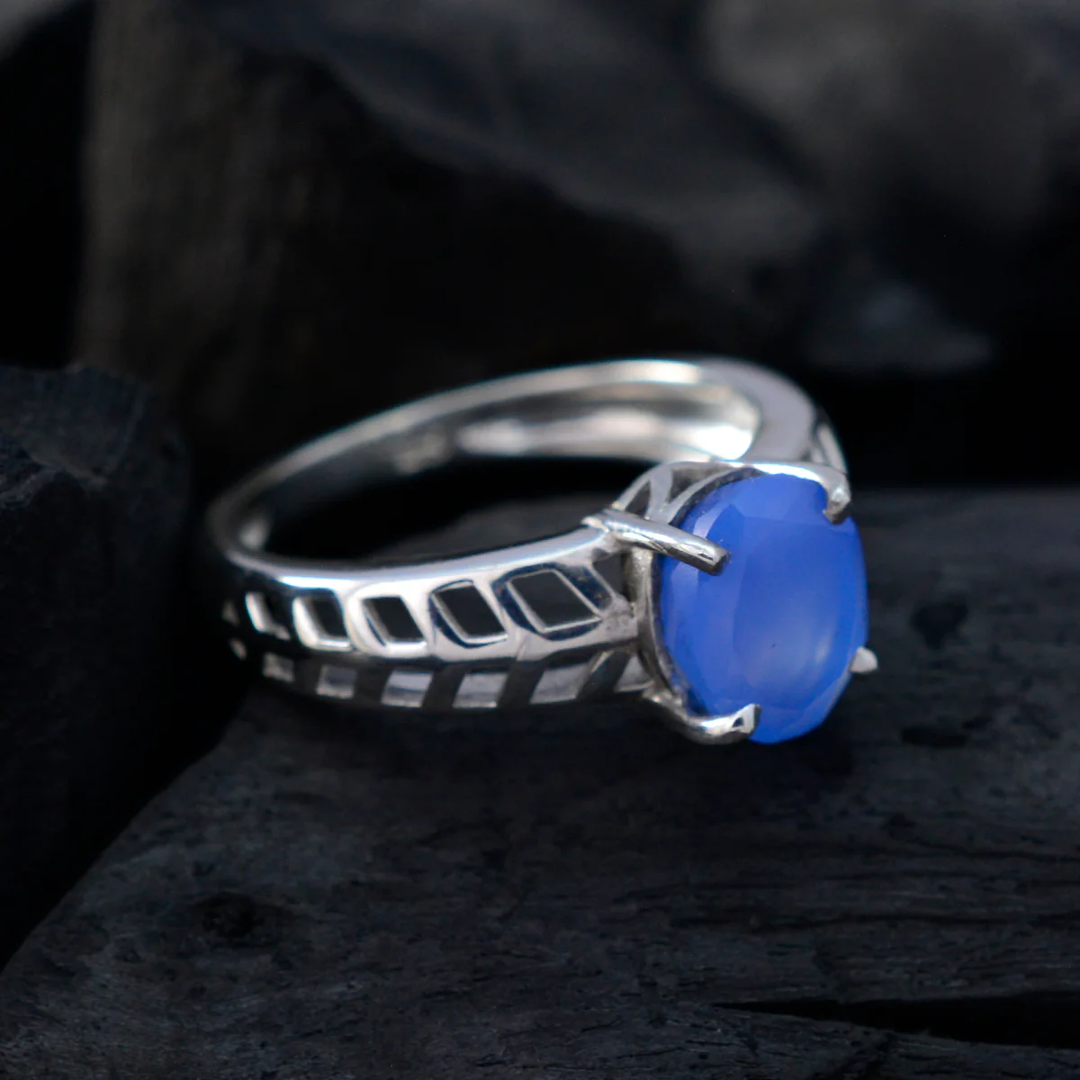 Blue Chalcedony Solitaire Turkish 92.5 Silver Blue Gemstone Whisper-thin Contemporary Ring Jewellery - Image 4