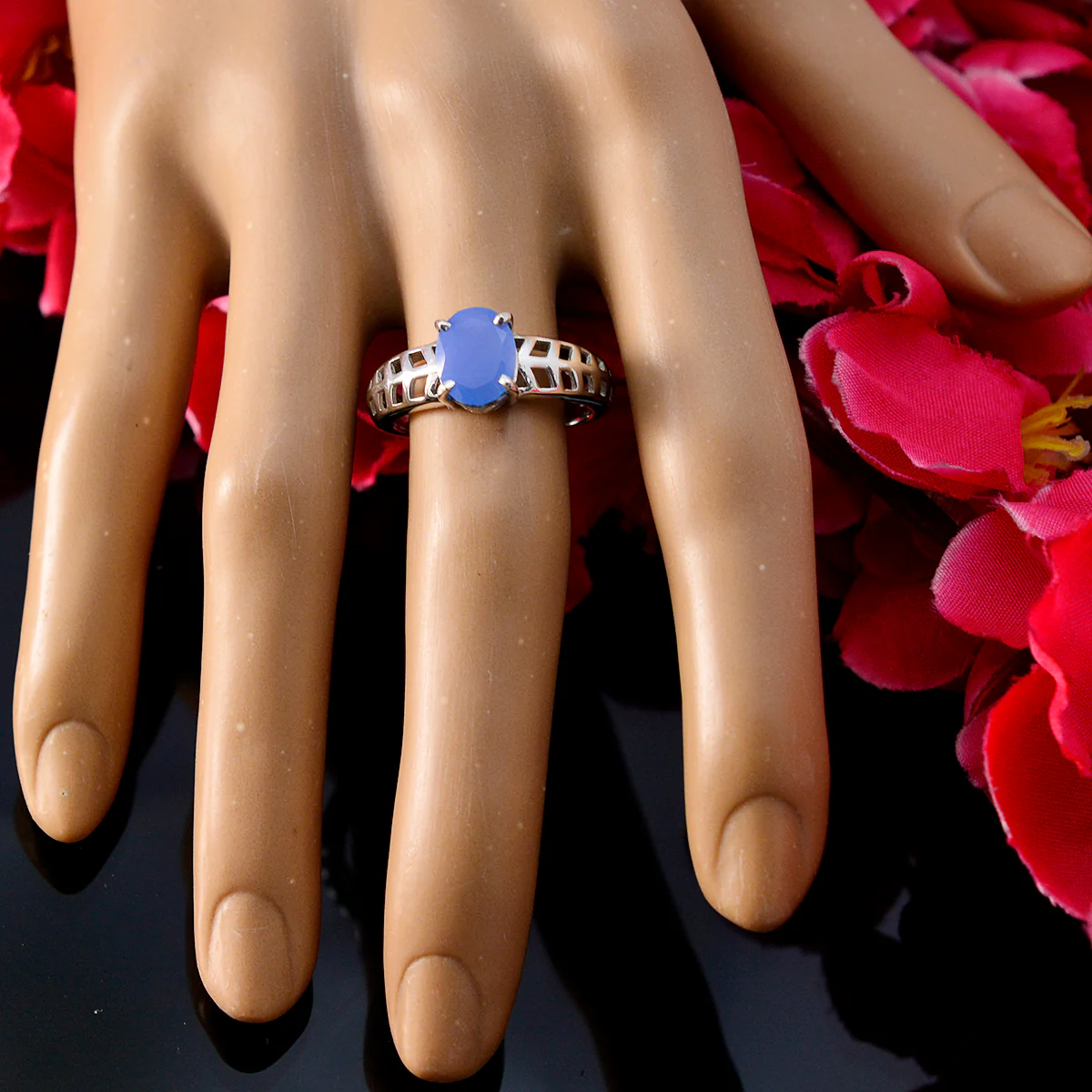 Blue Chalcedony Solitaire Turkish 92.5 Silver Blue Gemstone Whisper-thin Contemporary Ring Jewellery - Image 5