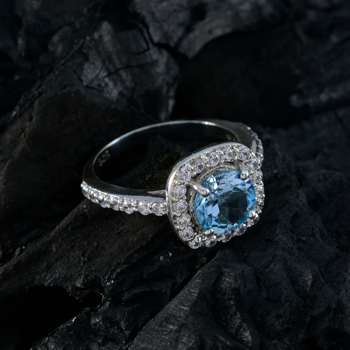Blue Topaz Halo Egyptian Sterling Silver Blue Gemstone Slim Trendy Ring Jewellery - Image 4
