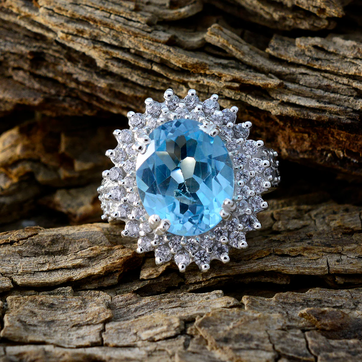 Blue Topaz Halo French 92.5 Silver Blue Gemstones Versatile Trendy Ring Jewellery - Image 3