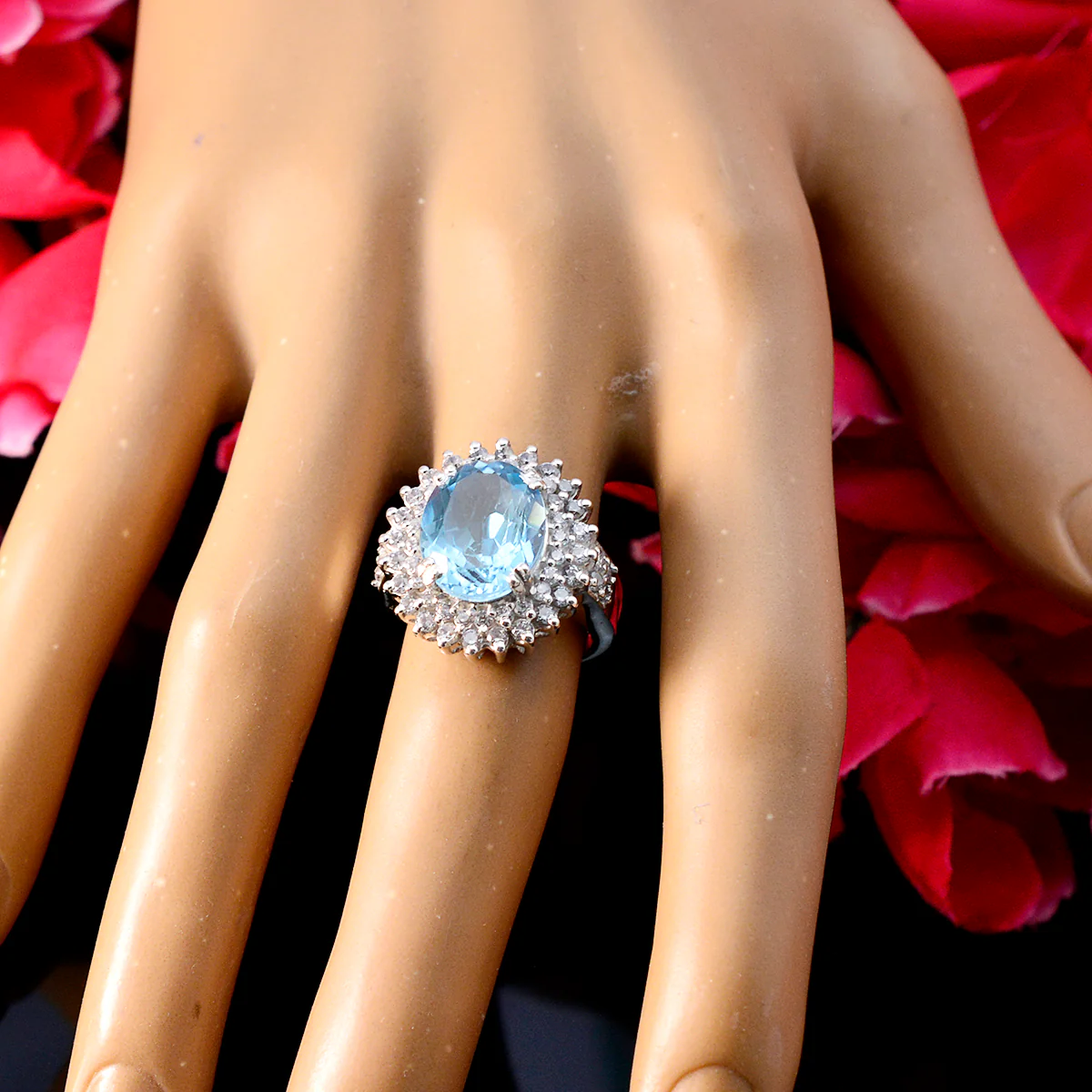 Blue Topaz Halo French 92.5 Silver Blue Gemstones Versatile Trendy Ring Jewellery - Image 4