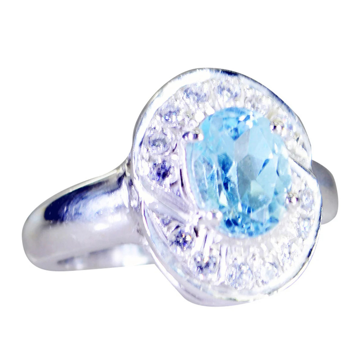 Blue Topaz Halo French 925 Silver Blue Gems Edgy Modern Ring Jewelry - Image 2