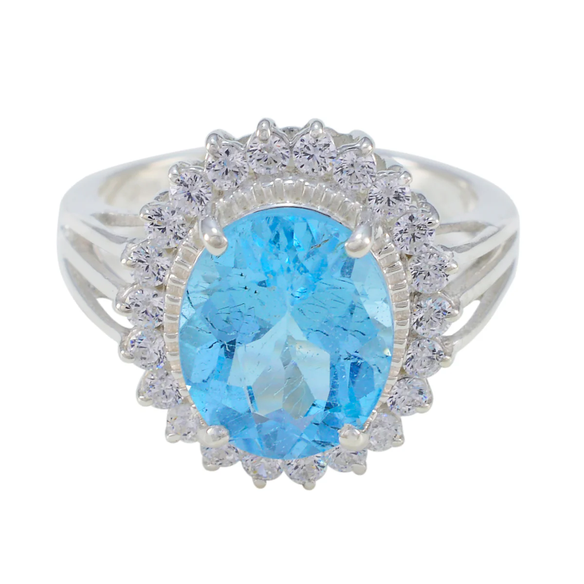 Blue Topaz Halo French 925 Silver Blue Gemstone Classic Signet Ring Jewelry