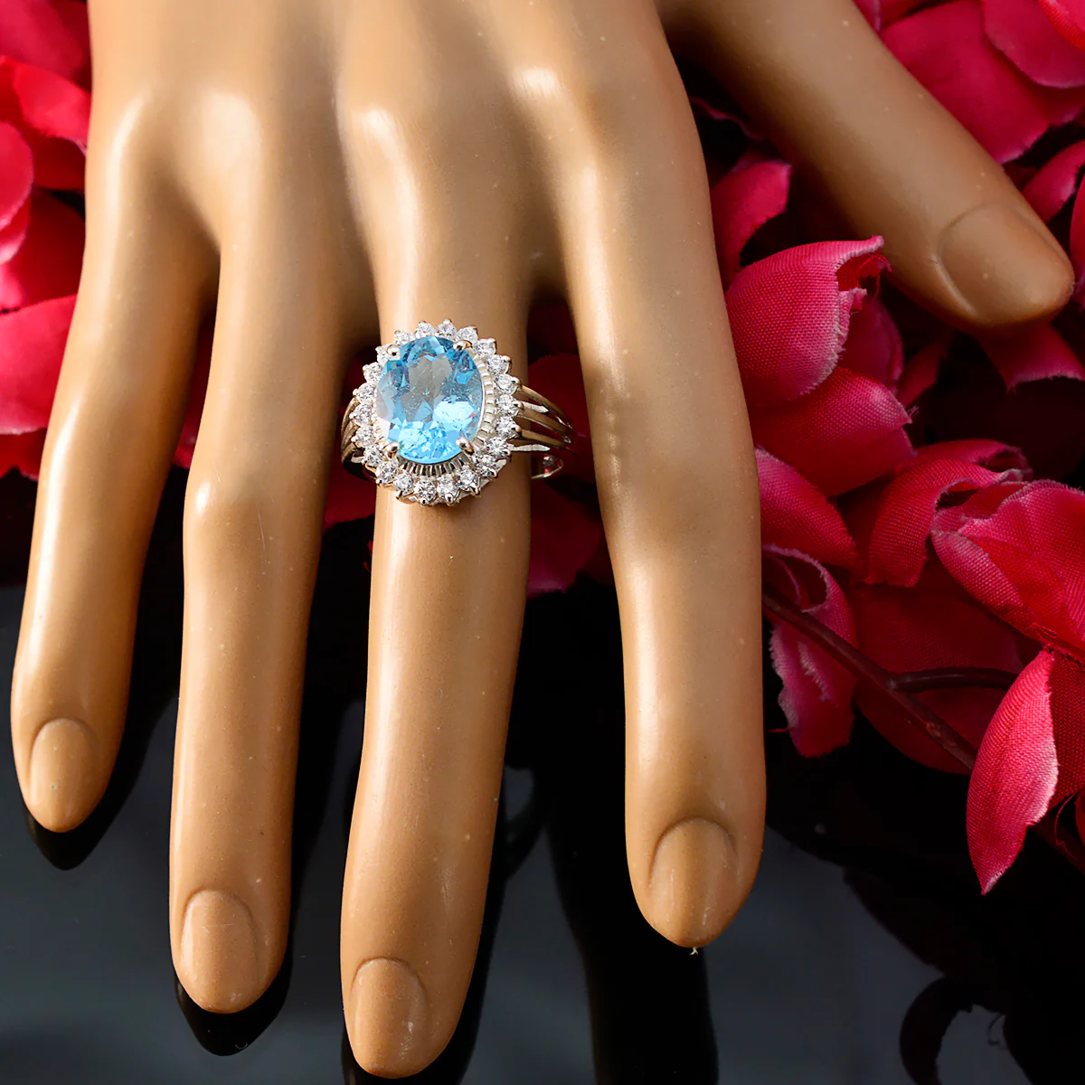 Blue Topaz Halo French 925 Silver Blue Gemstone Classic Signet Ring Jewelry - Image 5