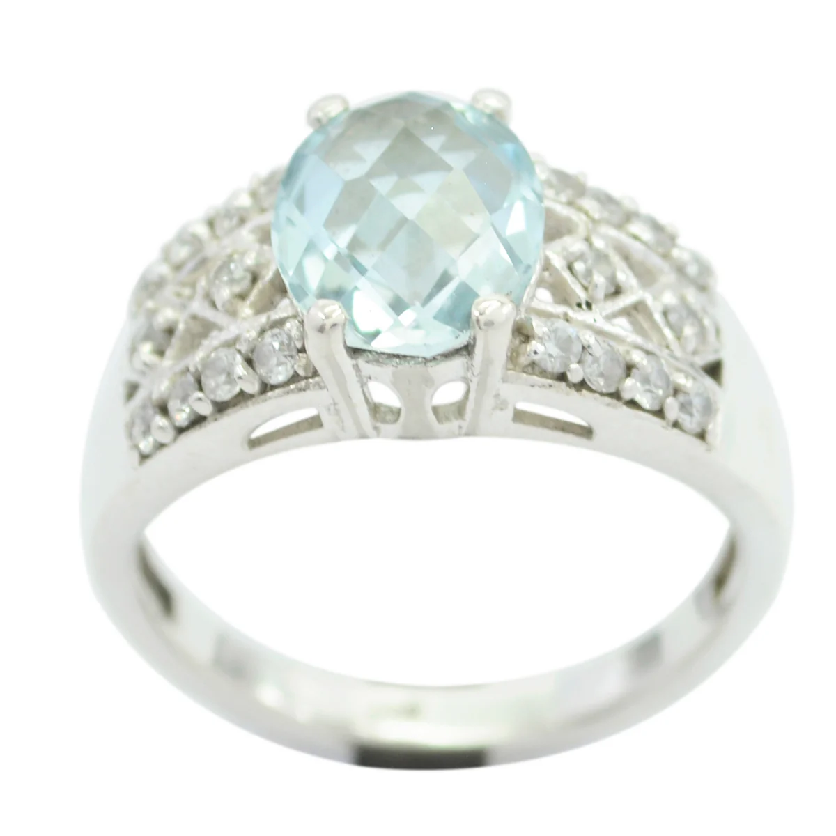 Blue Topaz Halo French Silver Blue Gems Minimal Abstract Ring Jewelry - Image 2