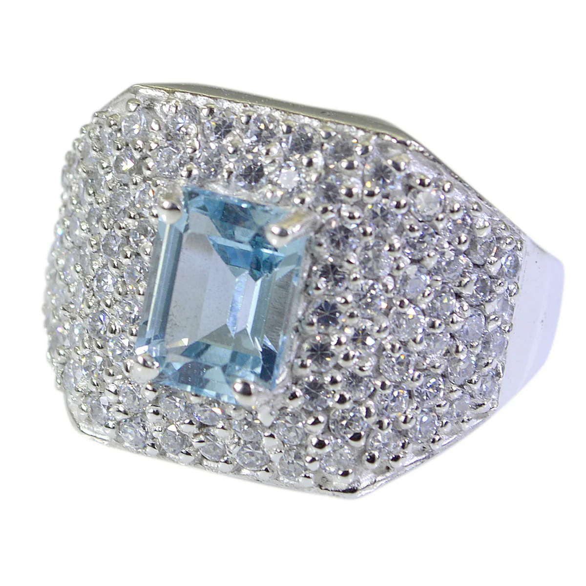 Blue Topaz Halo French Silver Blue Gemstone Edgy Modern Ring Jewellery - Image 2