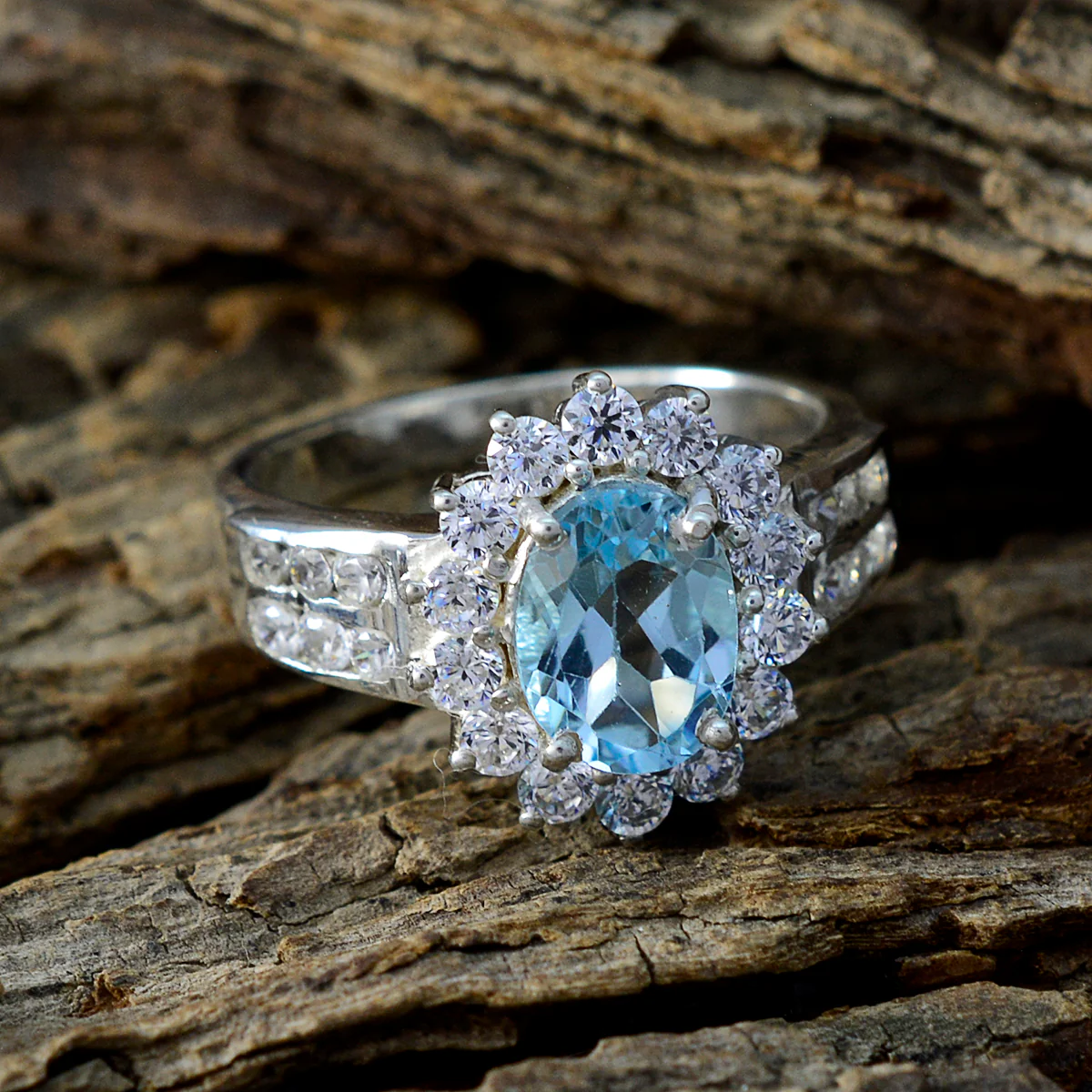 Blue Topaz Halo German 92.5 Silver Blue Gemstone Tiny Trendy Ring Jewelry - Image 3