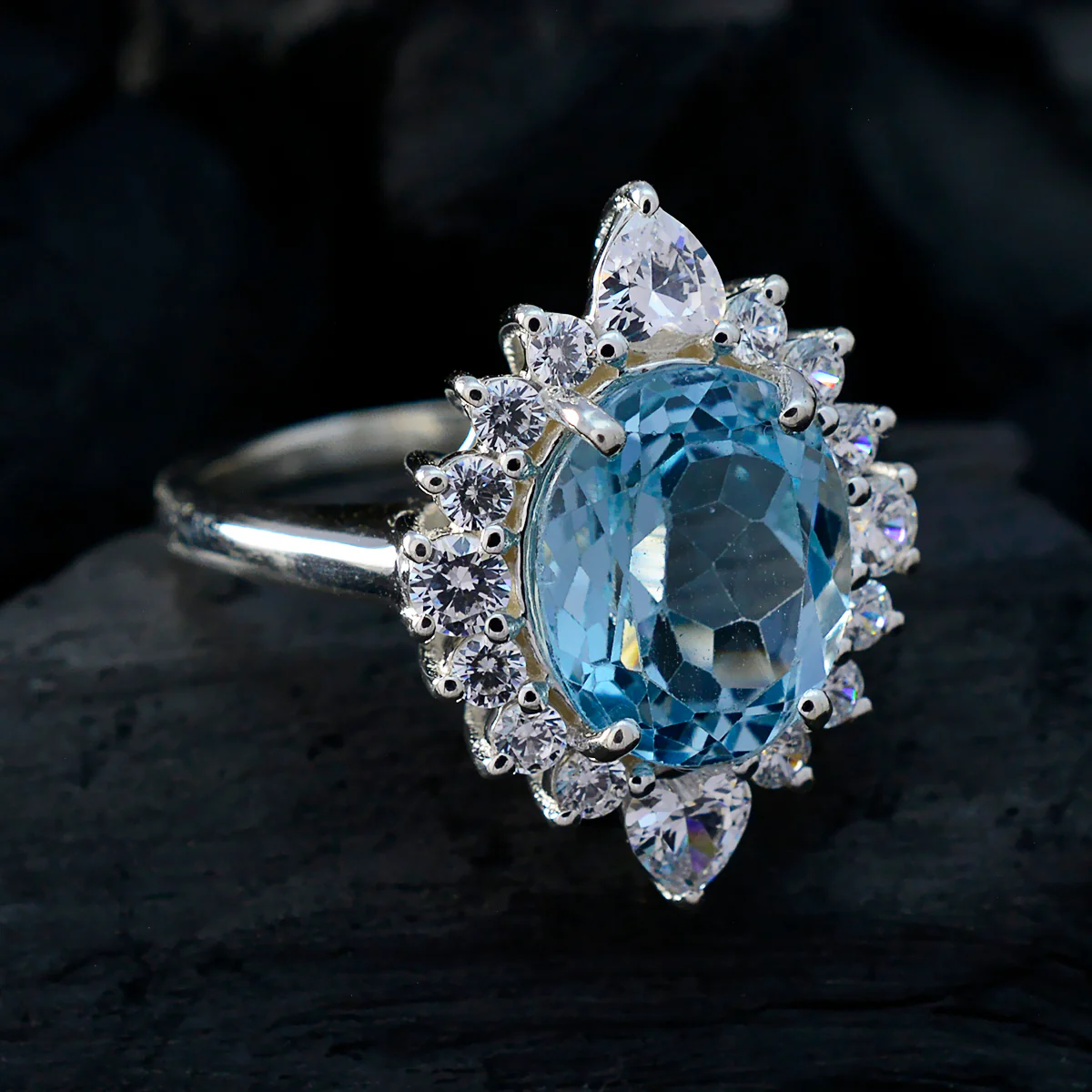 Blue Topaz Halo German 925 Silver Blue Gemstones Eye-catching Modern Ring Jewelry - Image 4