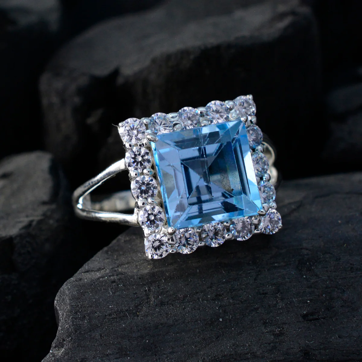 Blue Topaz Halo German 925 Sterling Silver Blue Gems Slim Sophisticated Ring Jewelry - Image 4