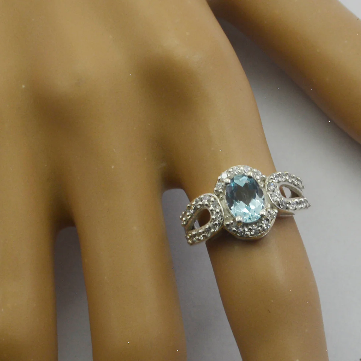 Blue Topaz Halo German Silver Blue Gemstones Slim Trendy Ring Jewelry - Image 3