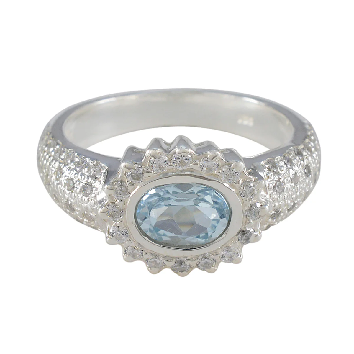 Blue Topaz Halo Indian 925 Silver Blue Gemstone Minimal Artisan Ring Jewellery
