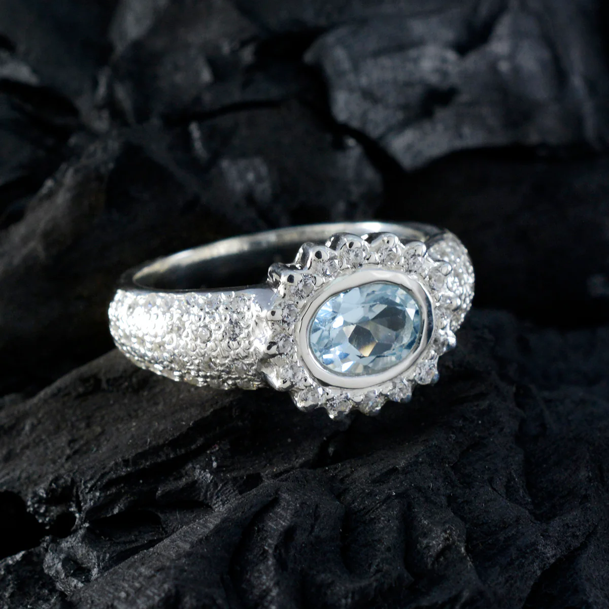 Blue Topaz Halo Indian 925 Silver Blue Gemstone Minimal Artisan Ring Jewellery - Image 5