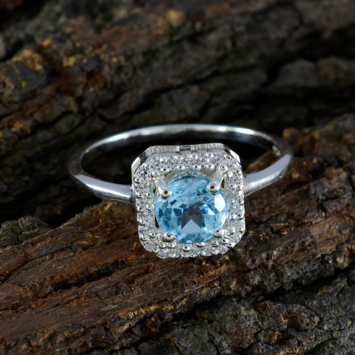Blue Topaz Halo Korean 92.5 Silver Blue Gems Delicate Abstract Ring Jewelry - Image 3