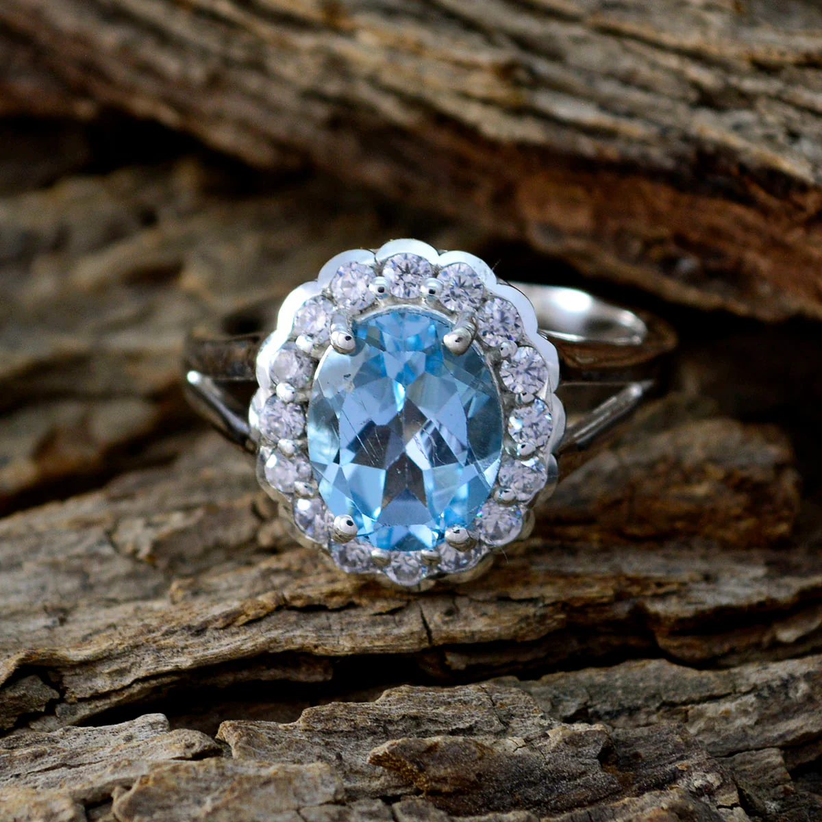 Blue Topaz Halo Russian Sterling Silver Blue Gemstones Slim Sophisticated Ring Jewelry - Image 4