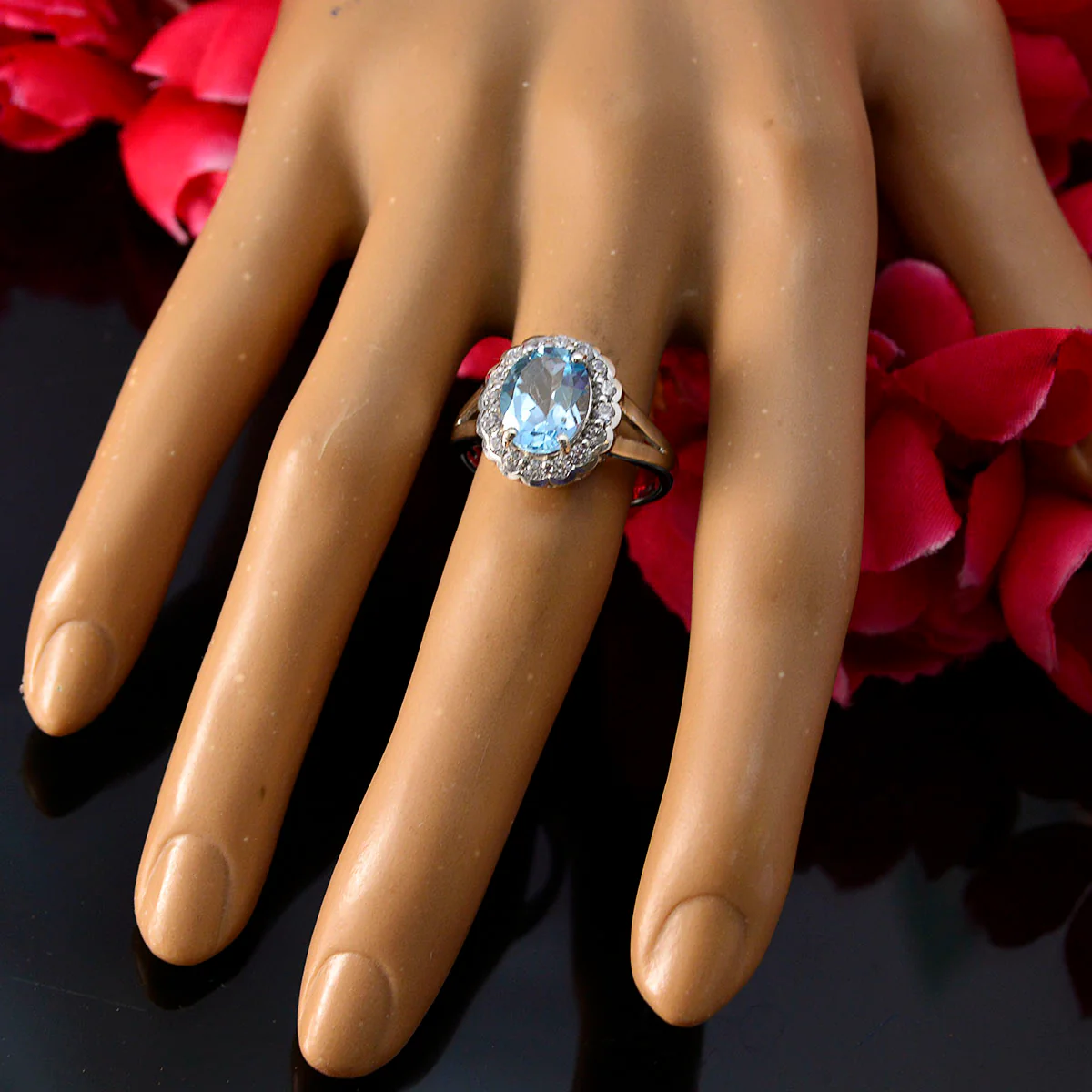 Blue Topaz Halo Russian Sterling Silver Blue Gemstones Slim Sophisticated Ring Jewelry - Image 6