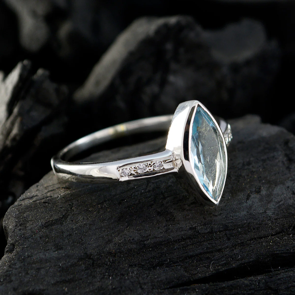 Blue Topaz Halo Turkish 92.5 Silver Blue Gems Dainty Feminine Ring Jewellery - Image 4