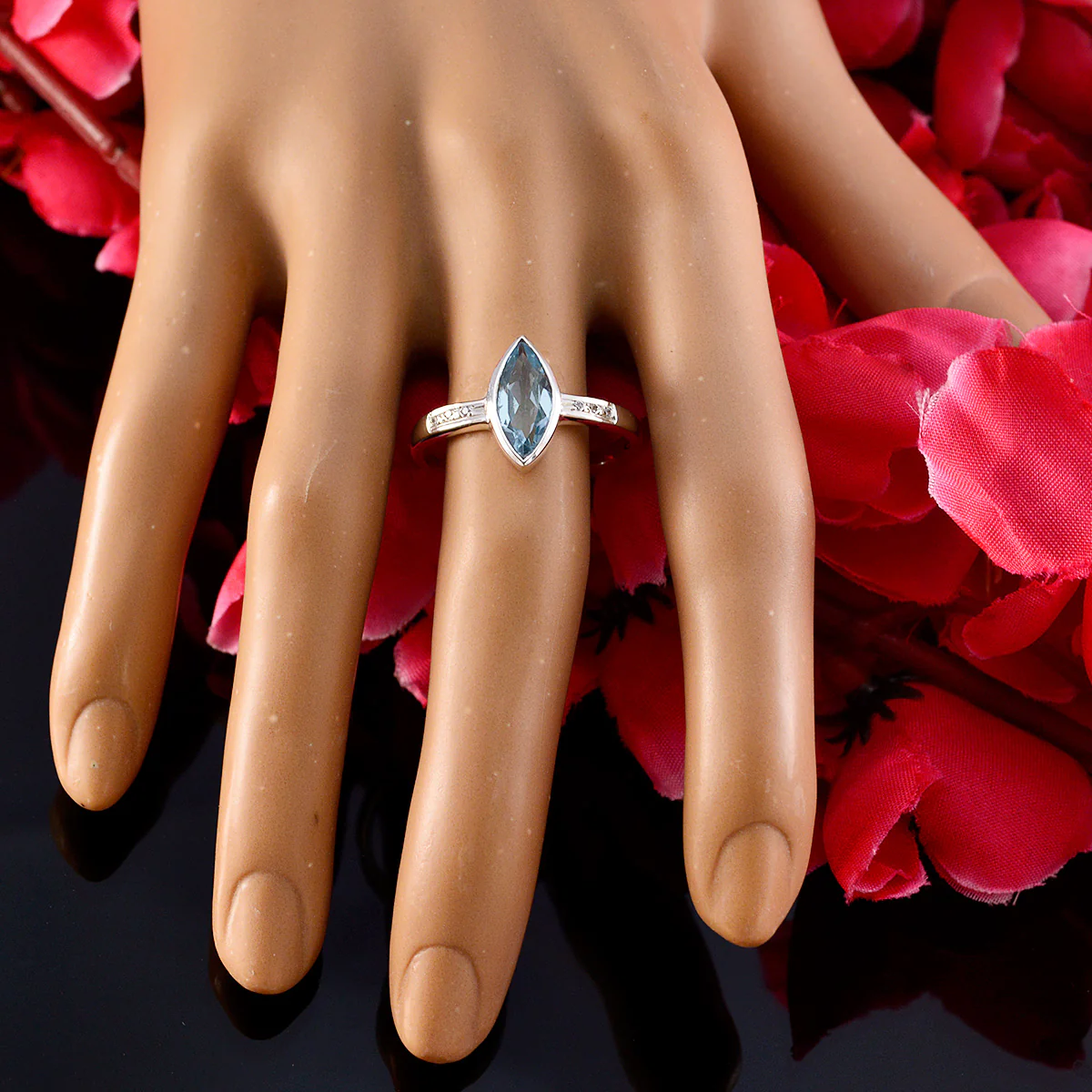 Blue Topaz Halo Turkish 92.5 Silver Blue Gems Dainty Feminine Ring Jewellery - Image 5