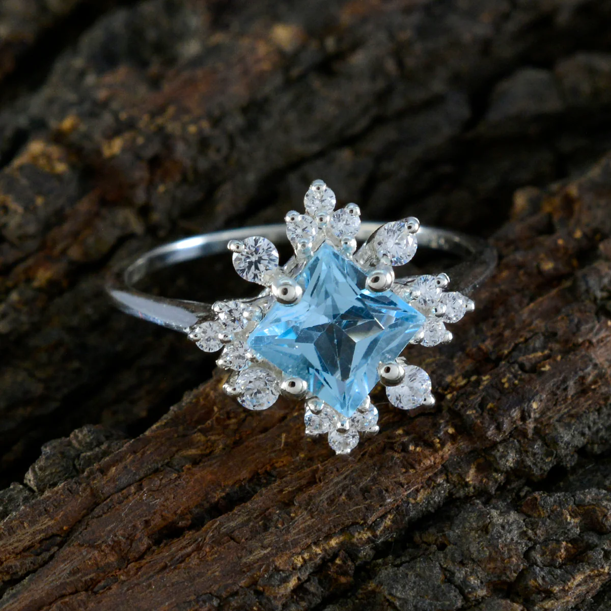 Blue Topaz Halo Turkish 925 Silver Blue Gems Delicate Abstract Ring Jewelry - Image 3
