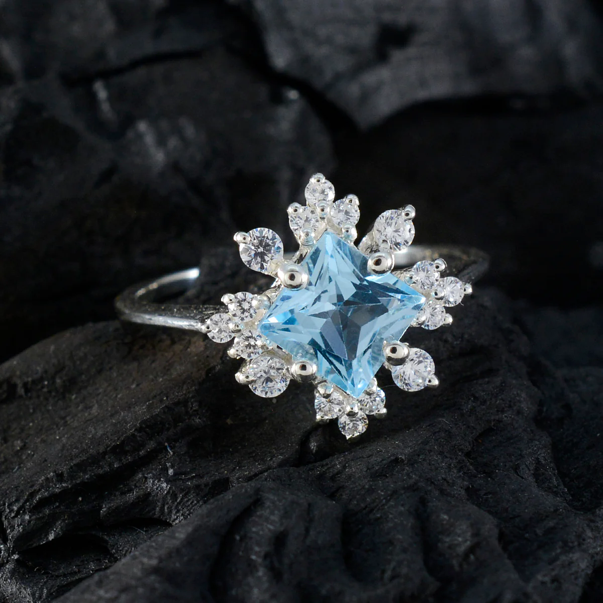 Blue Topaz Halo Turkish 925 Silver Blue Gems Delicate Abstract Ring Jewelry - Image 4