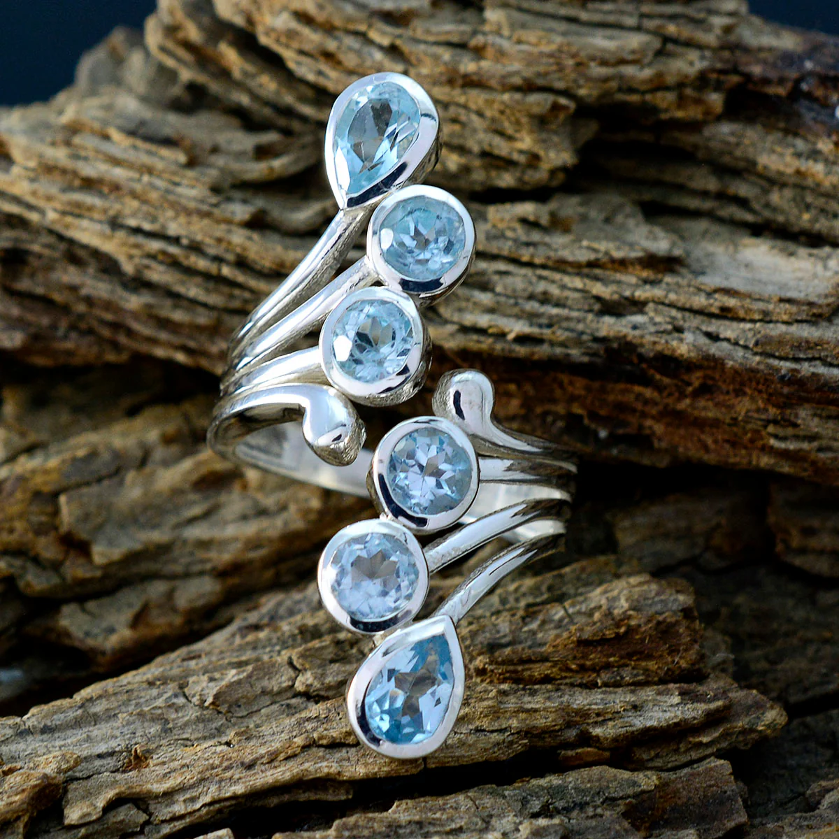 Blue Topaz Hexa Moroccan 925 Silver Blue Gemstones Versatile Contemporary Ring Jewelry - Image 3