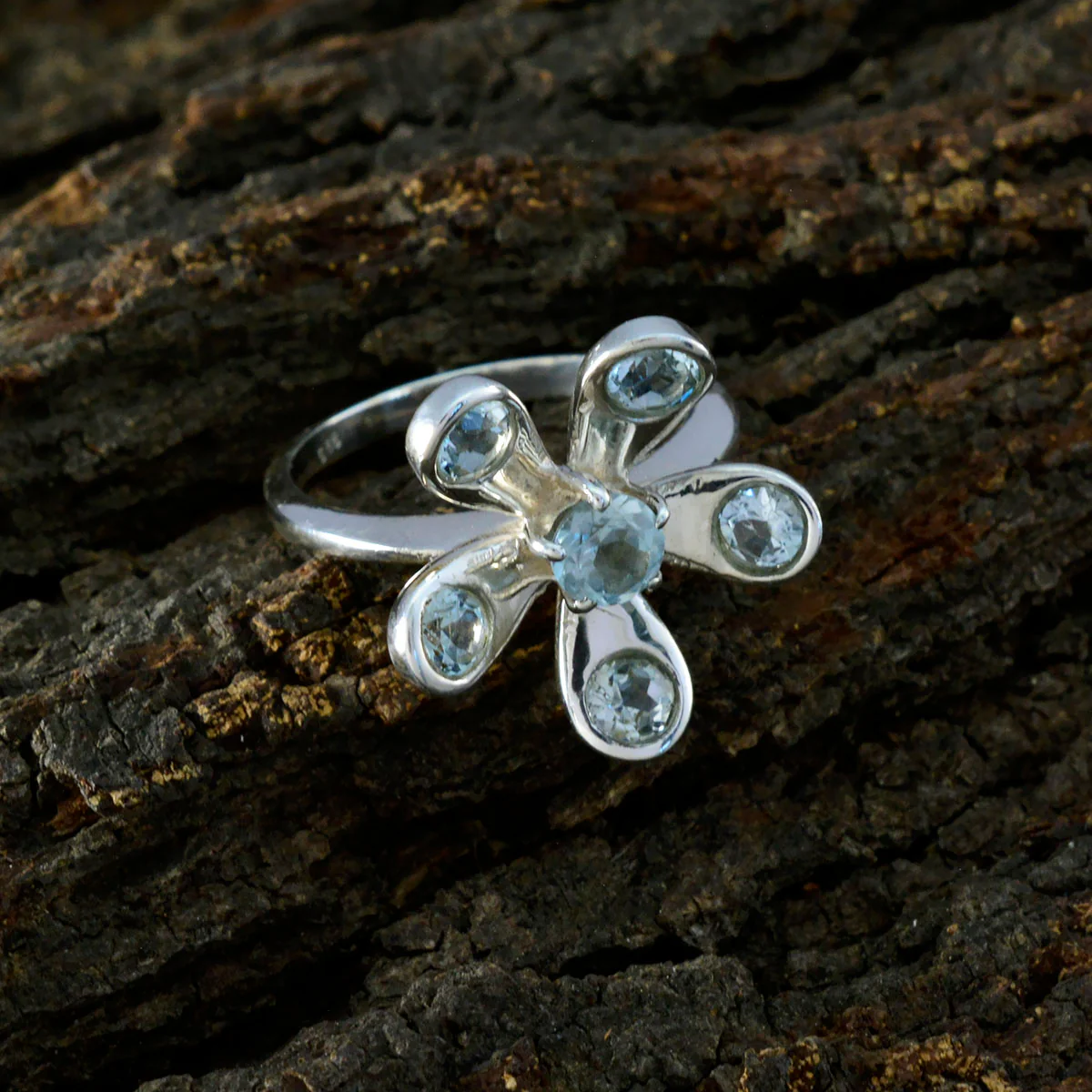 Blue Topaz Hexa Russian 925 Sterling Silver Blue Gemstone Classic Floral Ring Jewellery - Image 3