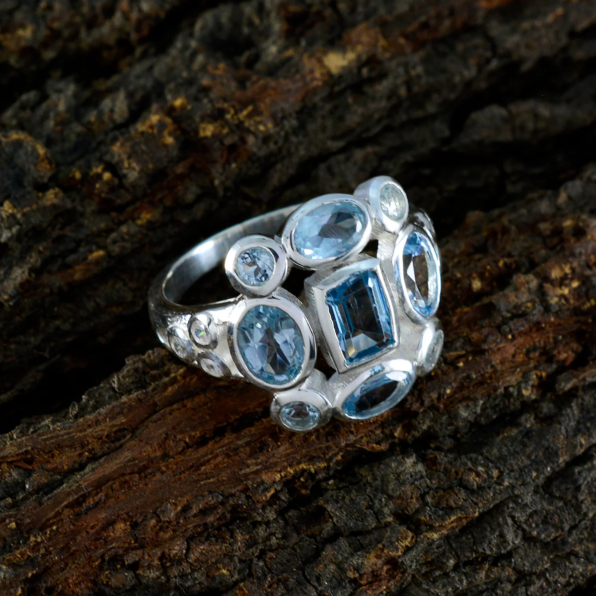 Blue Topaz Navratna Moroccan 92.5 Silver Blue Gemstones Classic Signet Ring Jewelry - Image 3