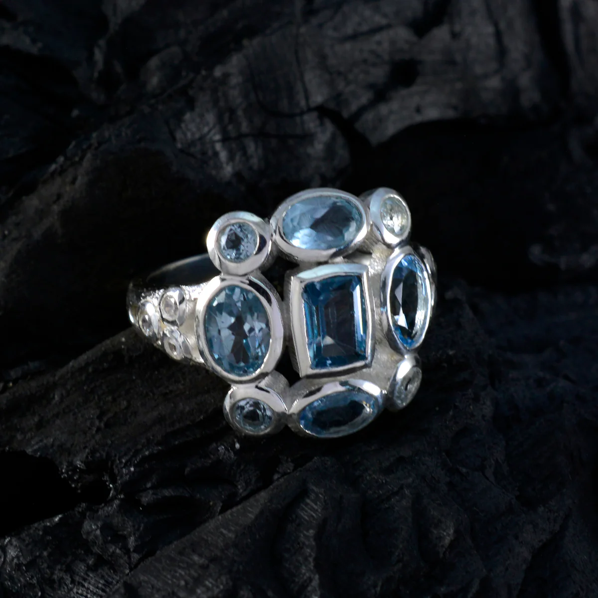Blue Topaz Navratna Moroccan 92.5 Silver Blue Gemstones Classic Signet Ring Jewelry - Image 4