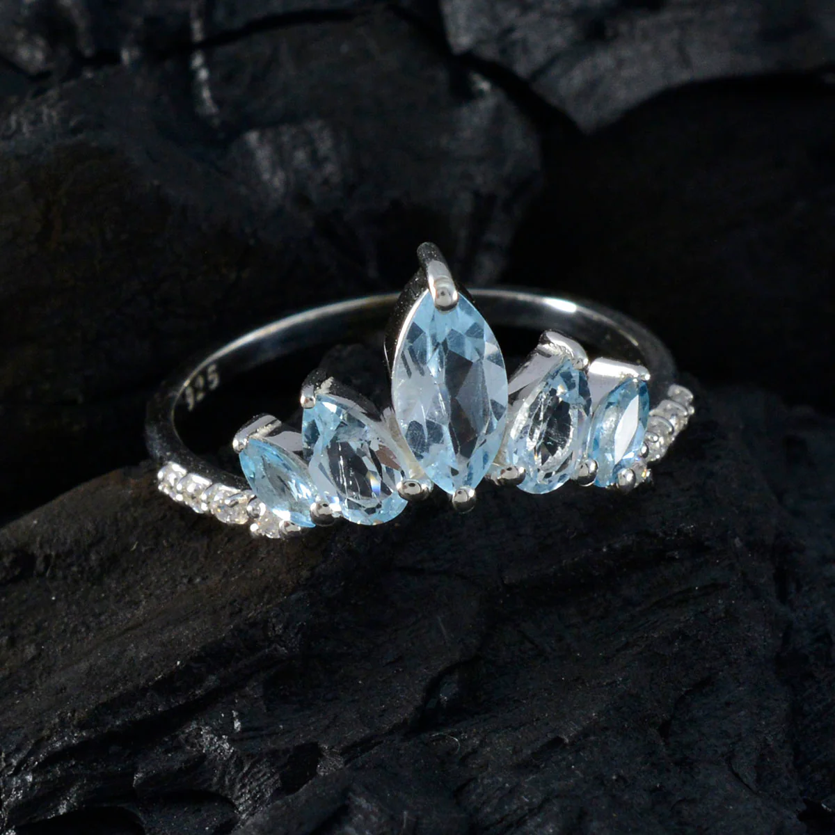 Blue Topaz Penta Turkish 925 Silver Blue Gems Elegant crown Ring Jewellery - Image 5