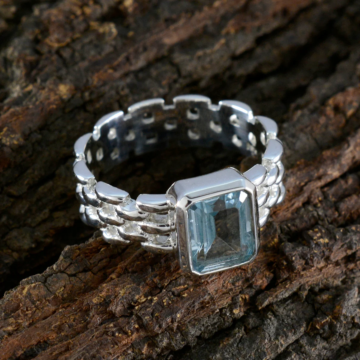 Blue Topaz Solitaire African Silver Blue Gemstone Mid-weight Art Deco Band Jewelry - Image 3